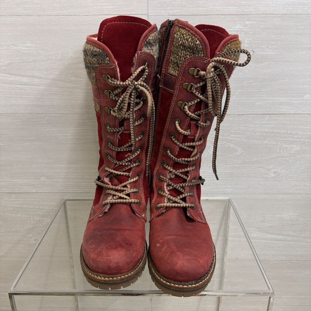 "Caird" Burgundy Knit Trim Lace Up Boots 40