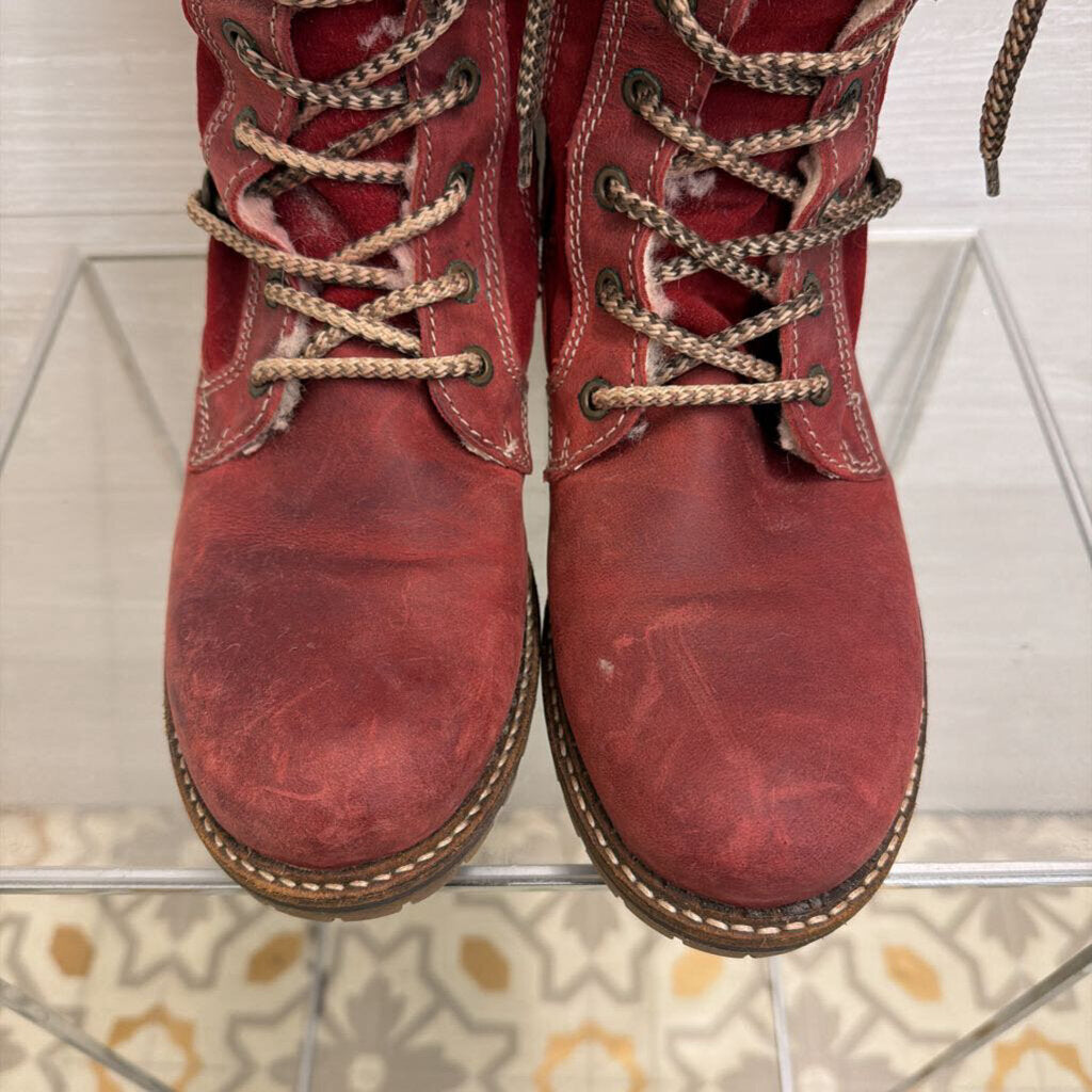 "Caird" Burgundy Knit Trim Lace Up Boots 40