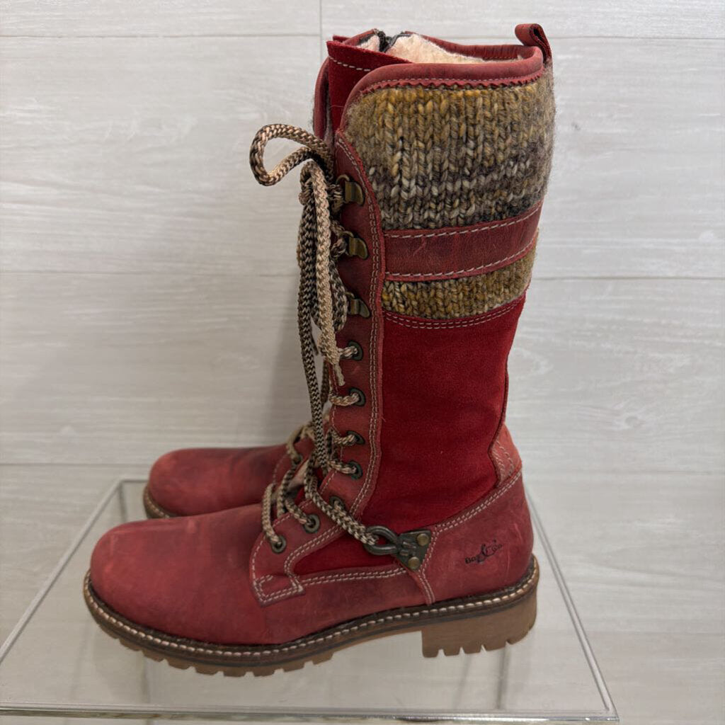 "Caird" Burgundy Knit Trim Lace Up Boots 40