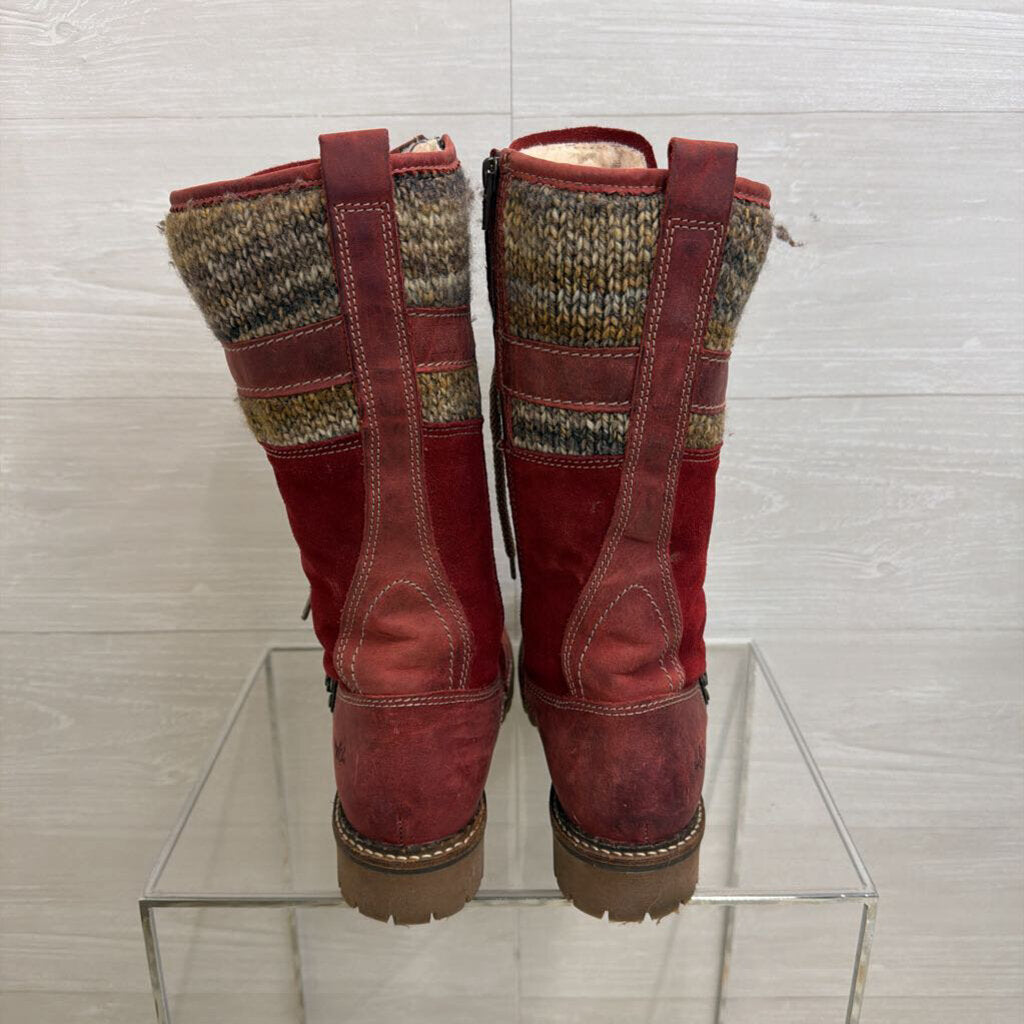 "Caird" Burgundy Knit Trim Lace Up Boots 40