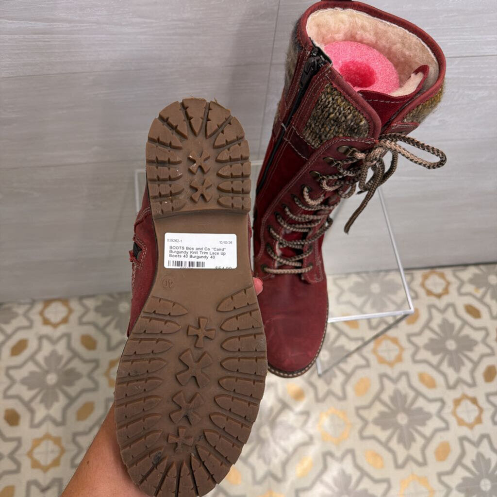 "Caird" Burgundy Knit Trim Lace Up Boots 40