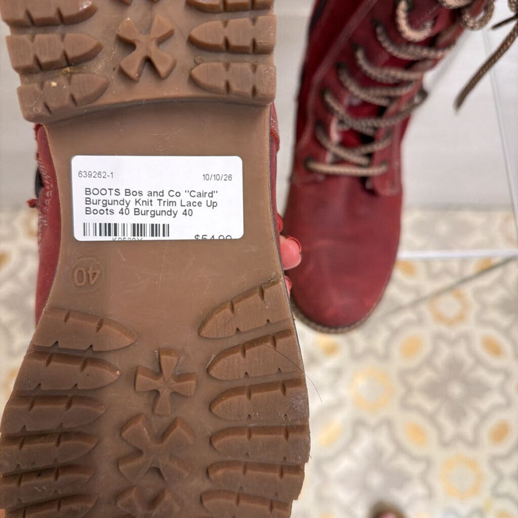 "Caird" Burgundy Knit Trim Lace Up Boots 40