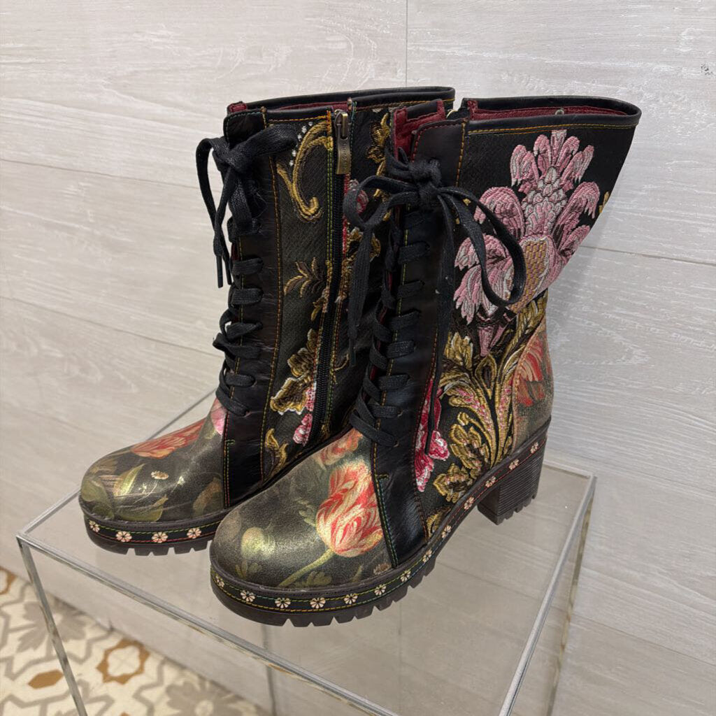 L'Artiste Black Floral Tapestry Lace Up Boots