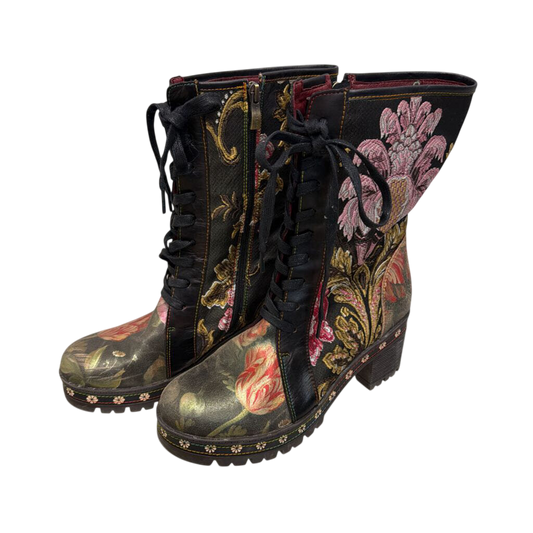 L'Artiste Black Floral Tapestry Lace Up Boots