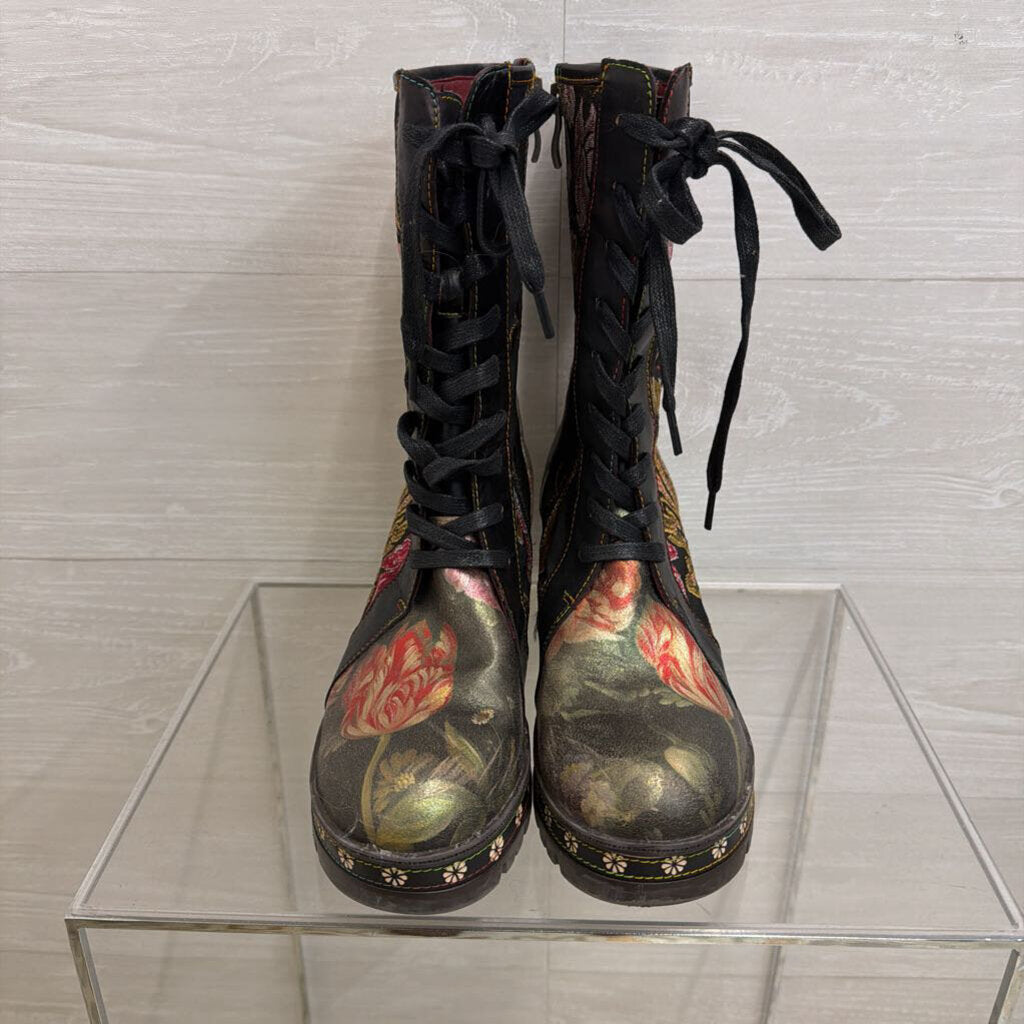 L'Artiste Black Floral Tapestry Lace Up Boots