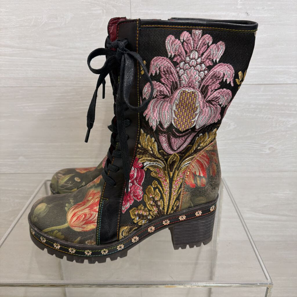 L'Artiste Black Floral Tapestry Lace Up Boots