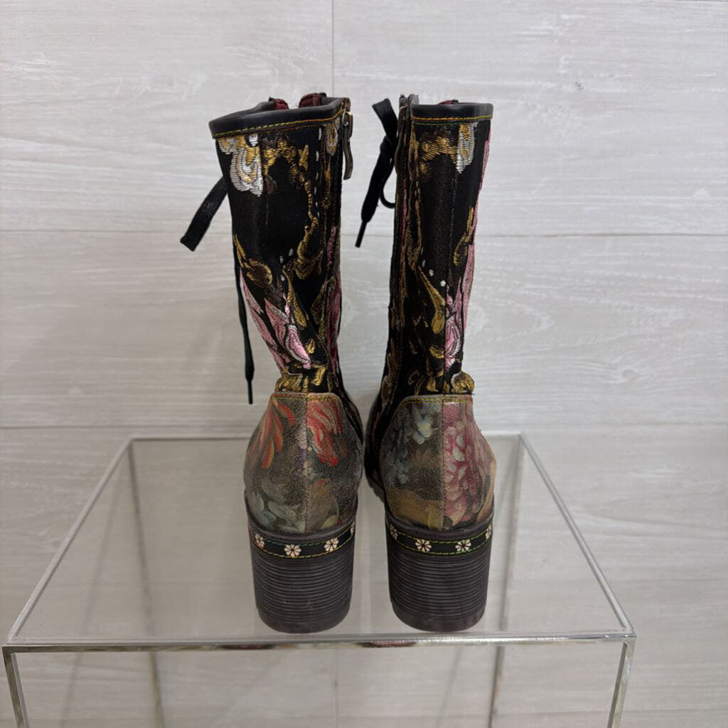 L'Artiste Black Floral Tapestry Lace Up Boots