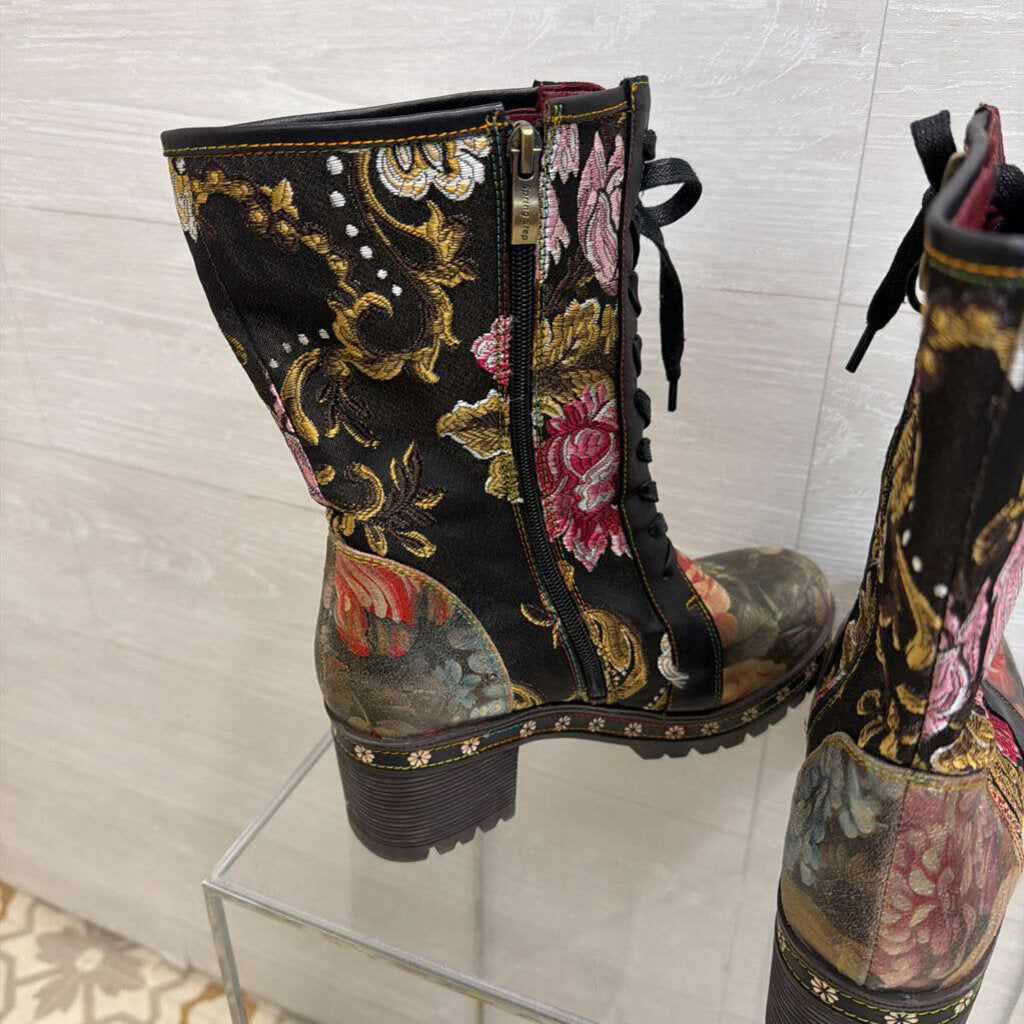 L'Artiste Black Floral Tapestry Lace Up Boots