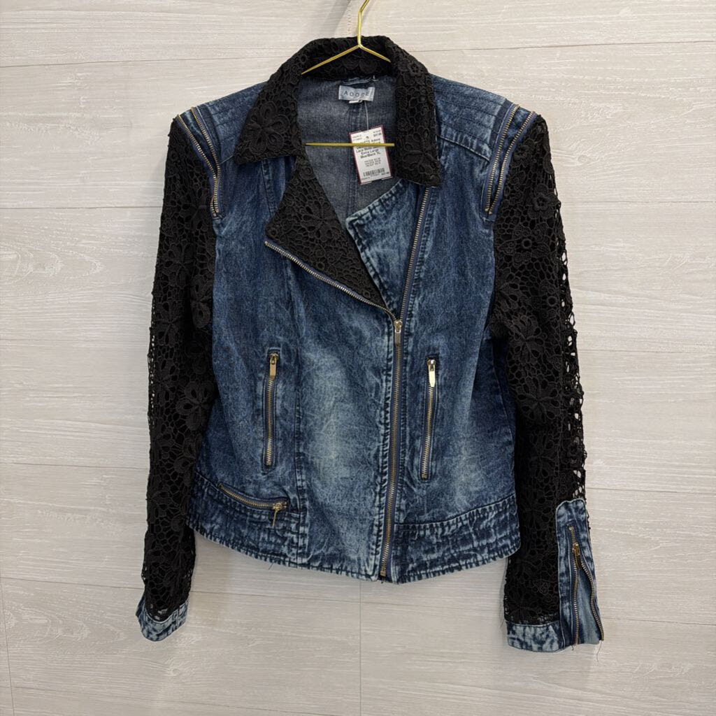 Denim and Black Lace Moto Jacket Extra Large