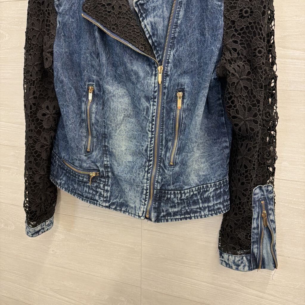 Denim and Black Lace Moto Jacket Extra Large