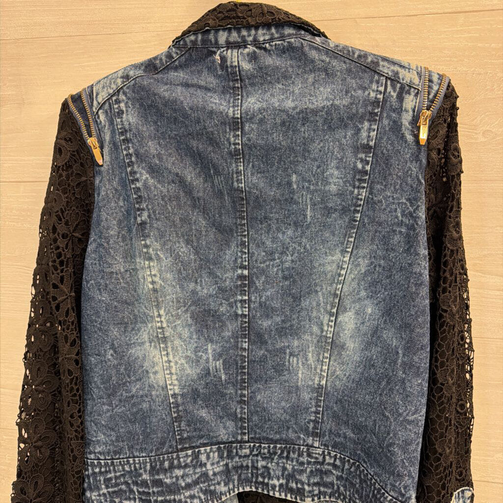 Denim and Black Lace Moto Jacket Extra Large