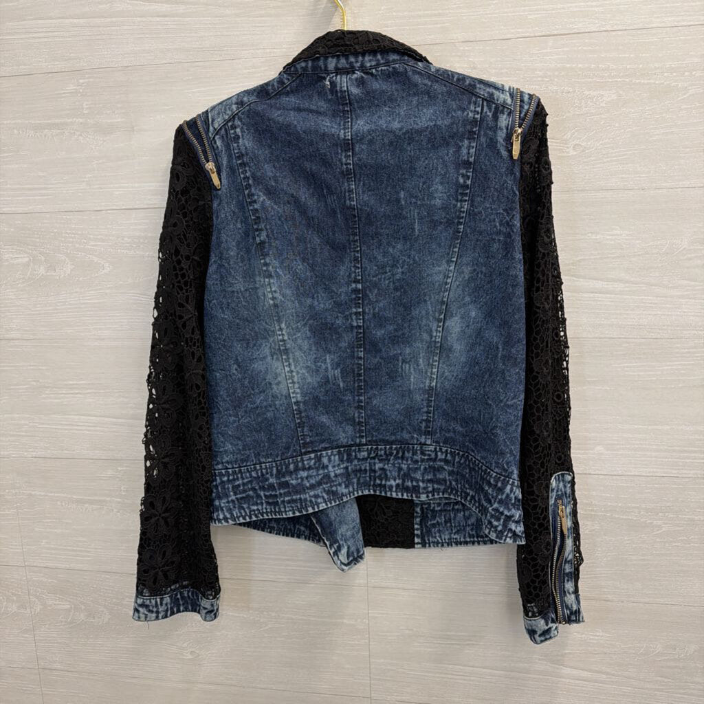 Denim and Black Lace Moto Jacket Extra Large