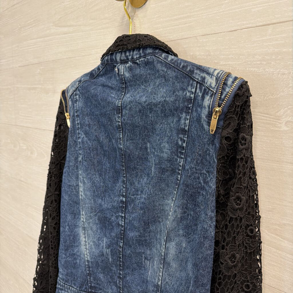 Denim and Black Lace Moto Jacket Extra Large