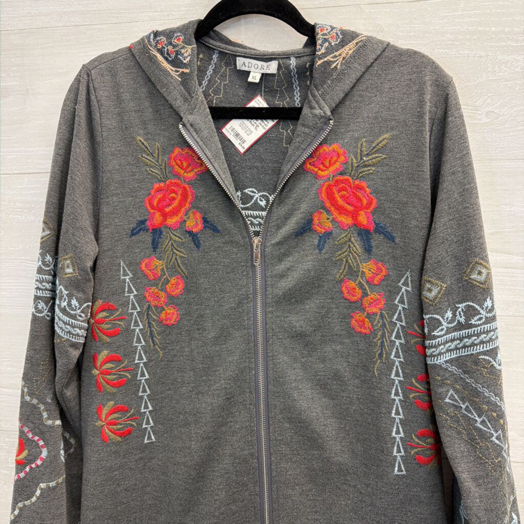 Grey Embroidered Tunic Zip Up Jacket Extra Large