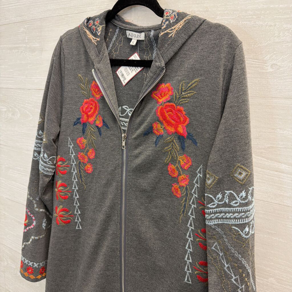 Grey Embroidered Tunic Zip Up Jacket Extra Large