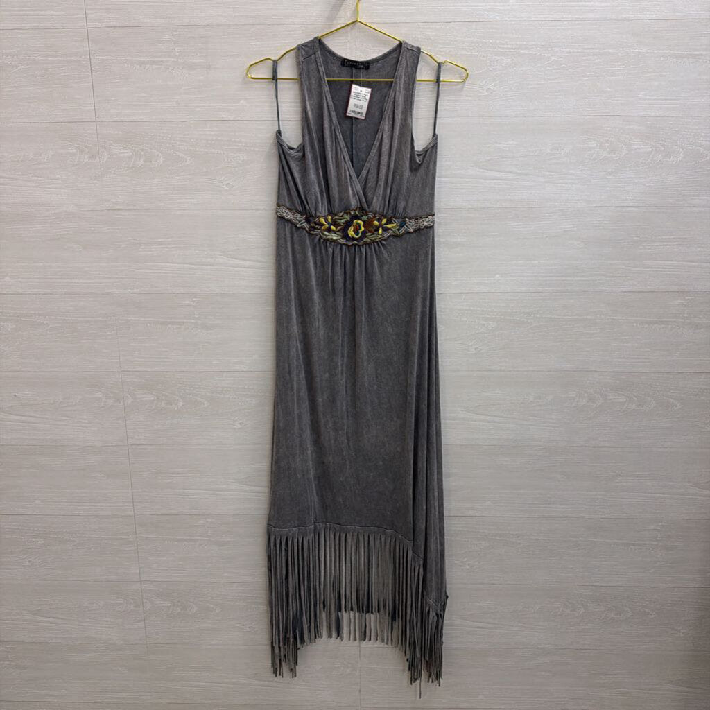 Washed Grey Embroidered Fringe Dress Large