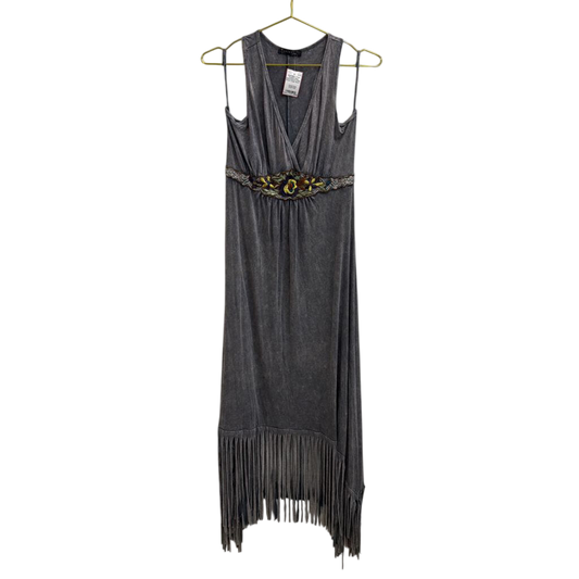 Washed Grey Embroidered Fringe Dress Large