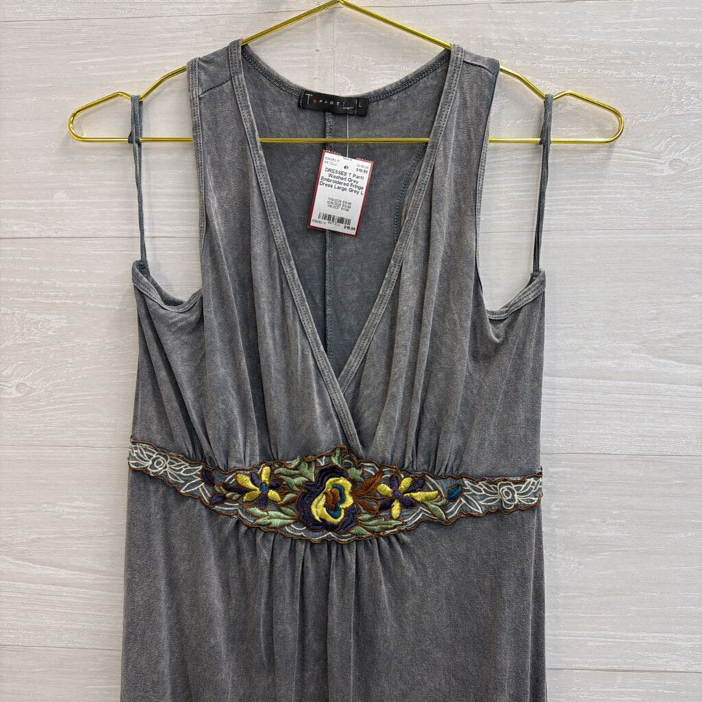 Washed Grey Embroidered Fringe Dress Large