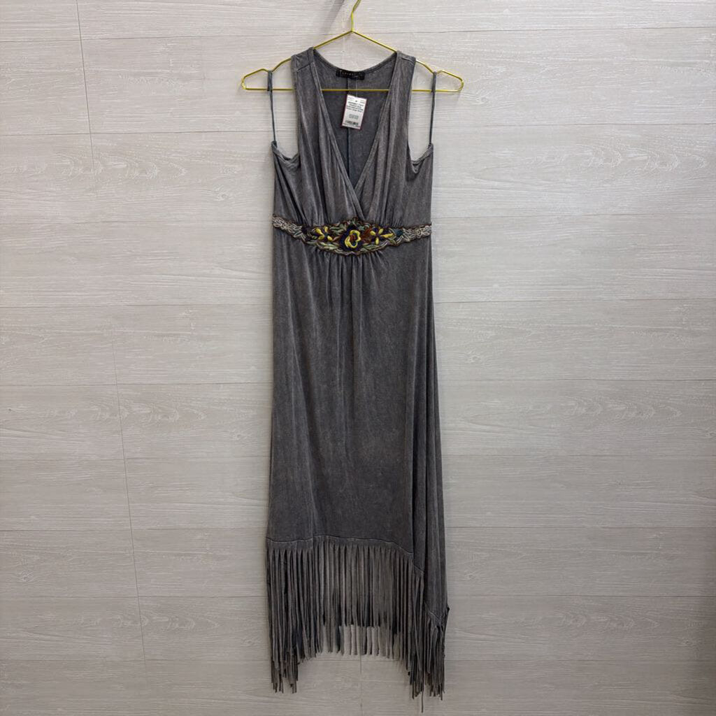 Washed Grey Embroidered Fringe Dress Large