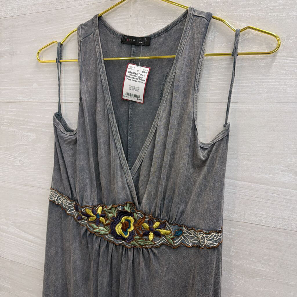 Washed Grey Embroidered Fringe Dress Large