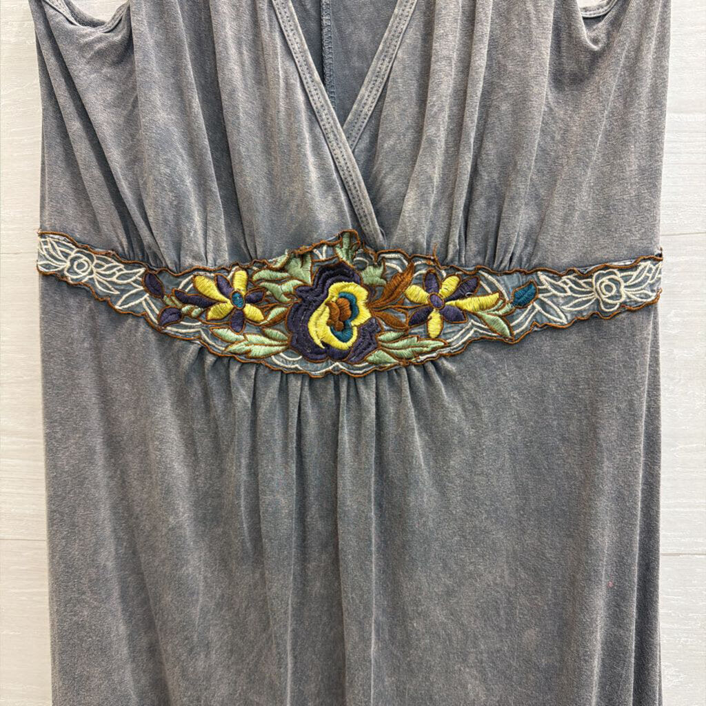 Washed Grey Embroidered Fringe Dress Large