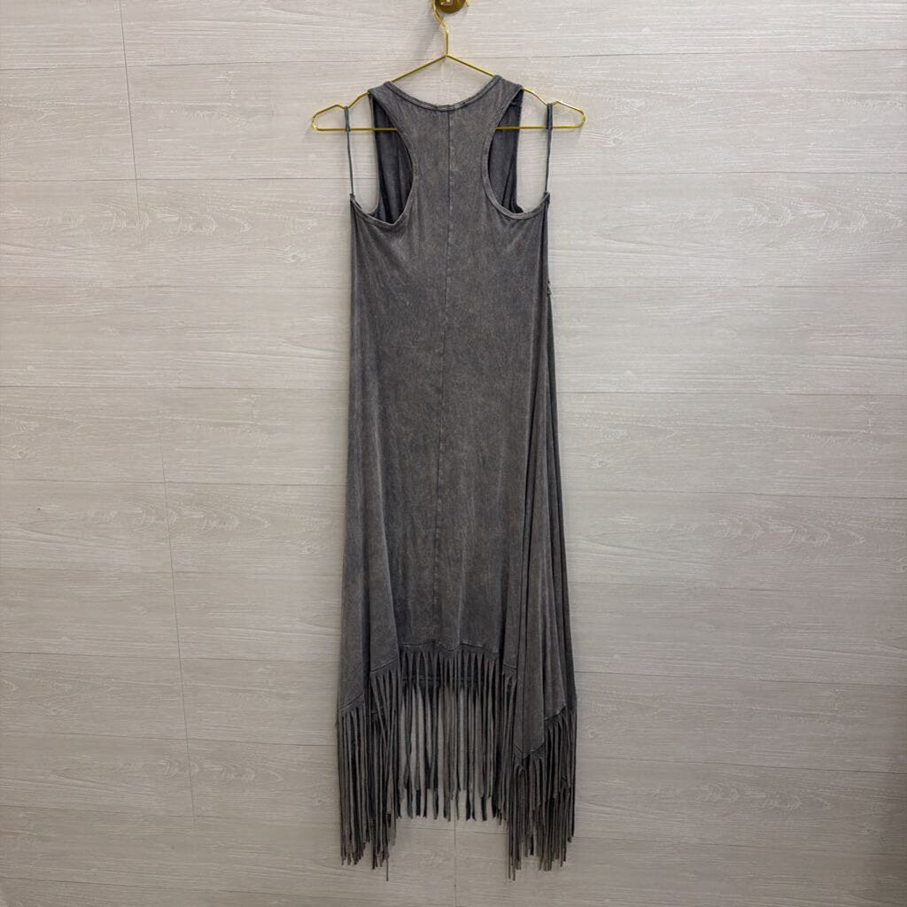 Washed Grey Embroidered Fringe Dress Large
