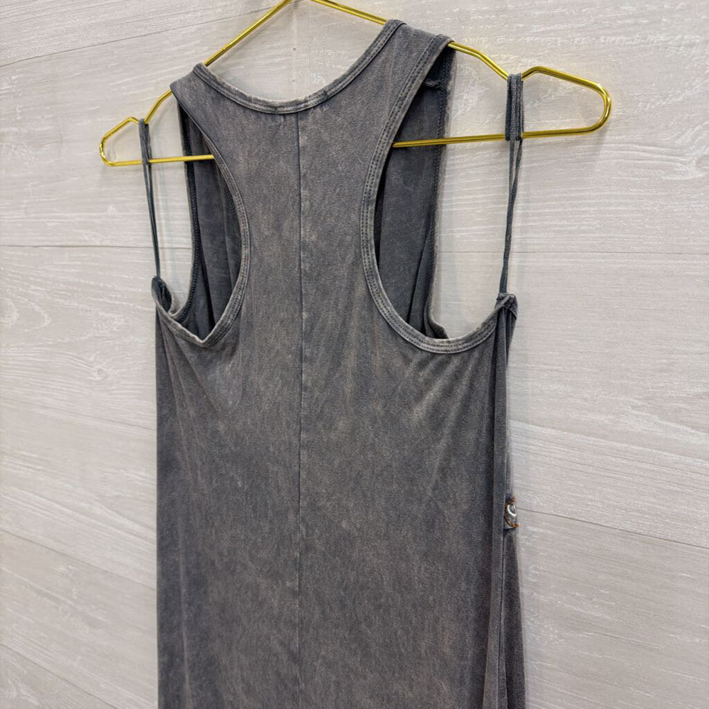 Washed Grey Embroidered Fringe Dress Large