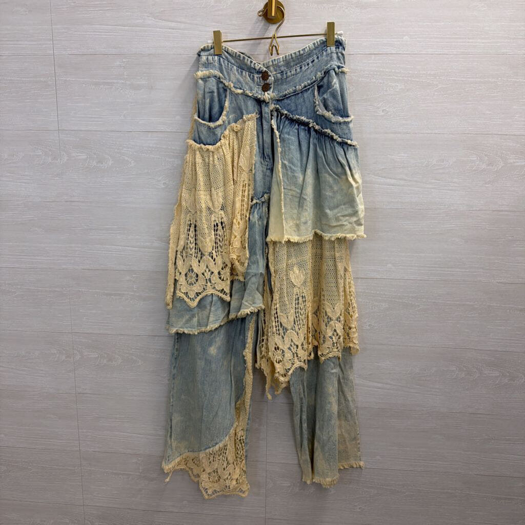 A Rare Bird Light Wash Denim and Lace Patchwork Pants