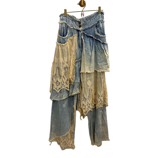 A Rare Bird Light Wash Denim and Lace Patchwork Pants