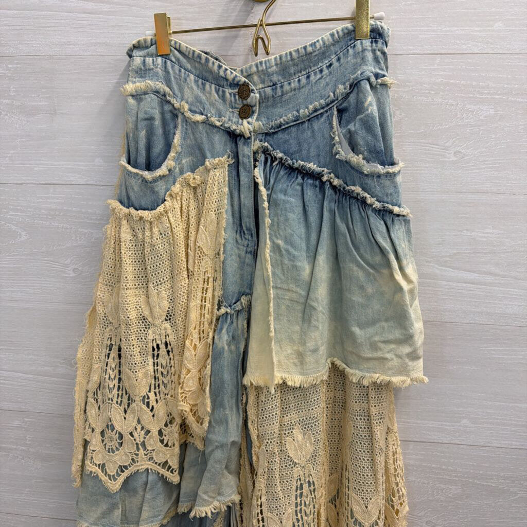 A Rare Bird Light Wash Denim and Lace Patchwork Pants