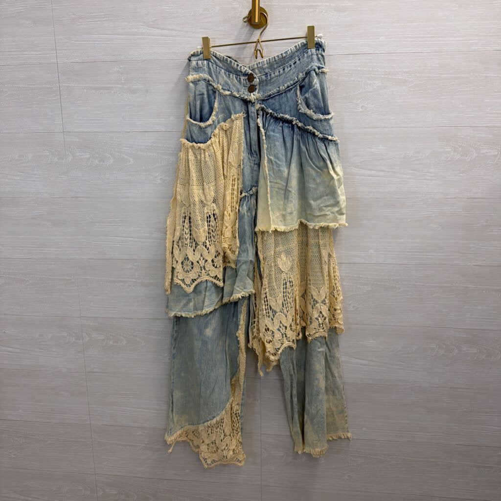 A Rare Bird Light Wash Denim and Lace Patchwork Pants