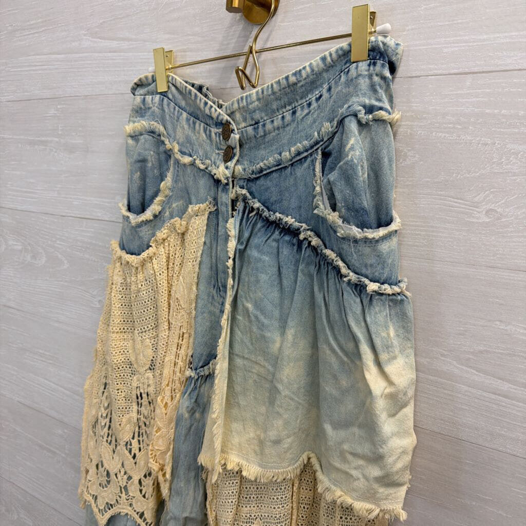A Rare Bird Light Wash Denim and Lace Patchwork Pants