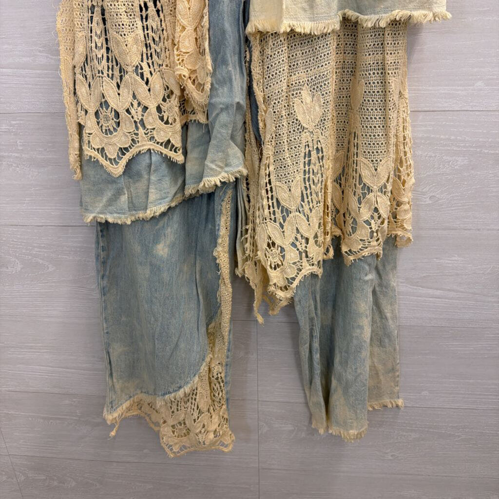 A Rare Bird Light Wash Denim and Lace Patchwork Pants