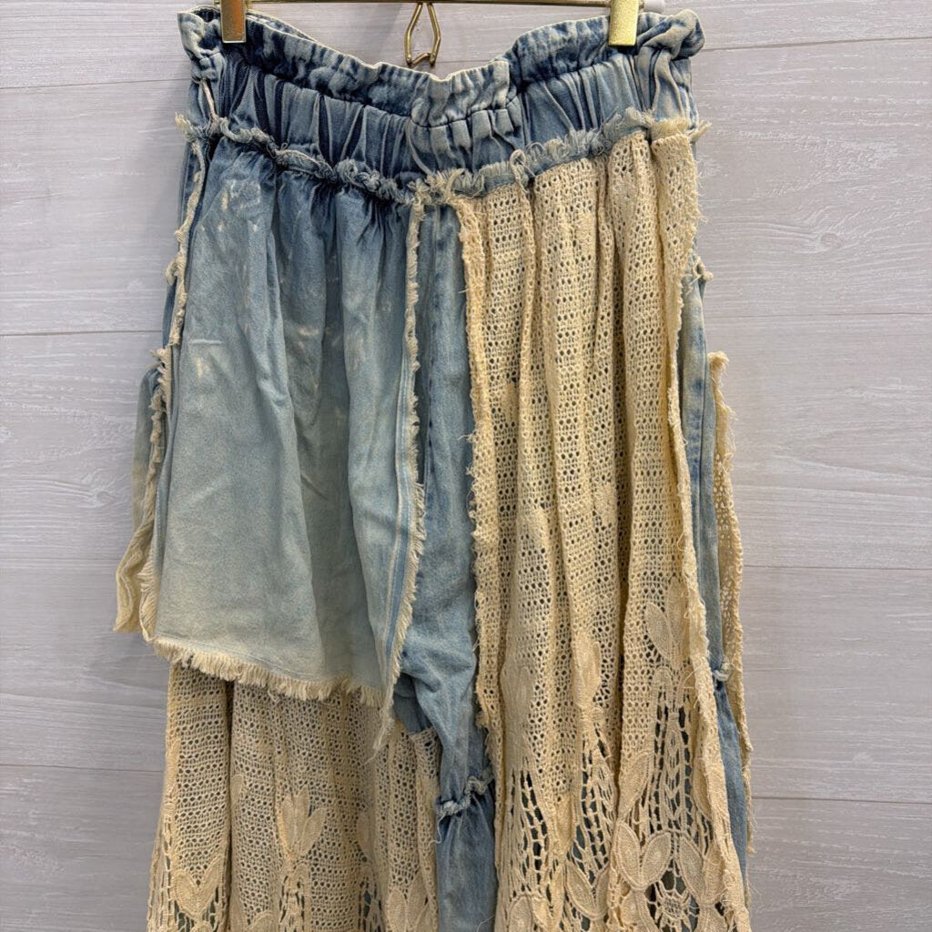 A Rare Bird Light Wash Denim and Lace Patchwork Pants