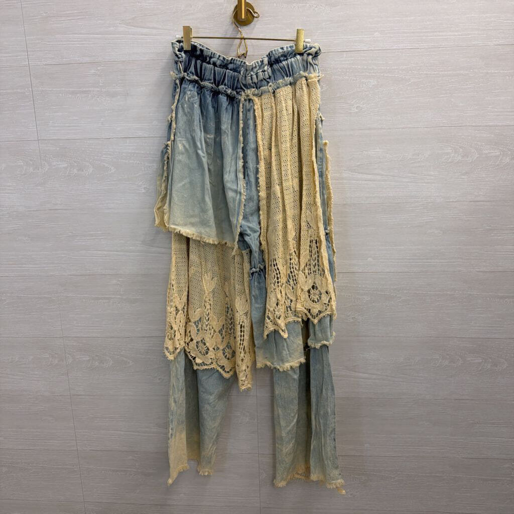 A Rare Bird Light Wash Denim and Lace Patchwork Pants
