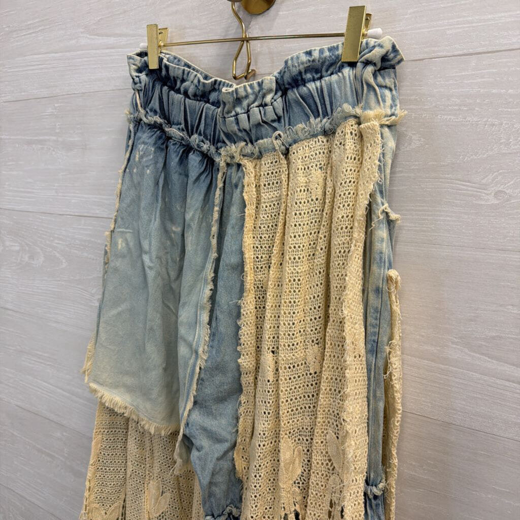 A Rare Bird Light Wash Denim and Lace Patchwork Pants