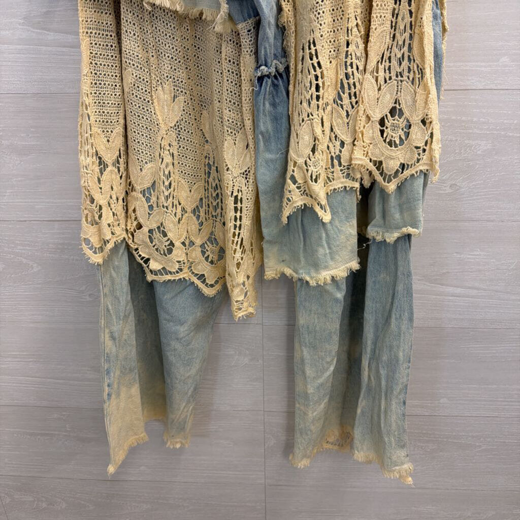 A Rare Bird Light Wash Denim and Lace Patchwork Pants