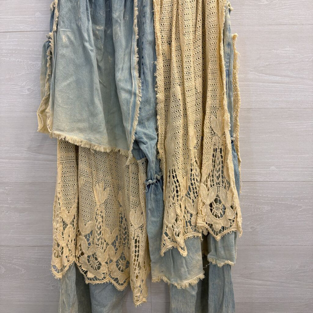 A Rare Bird Light Wash Denim and Lace Patchwork Pants