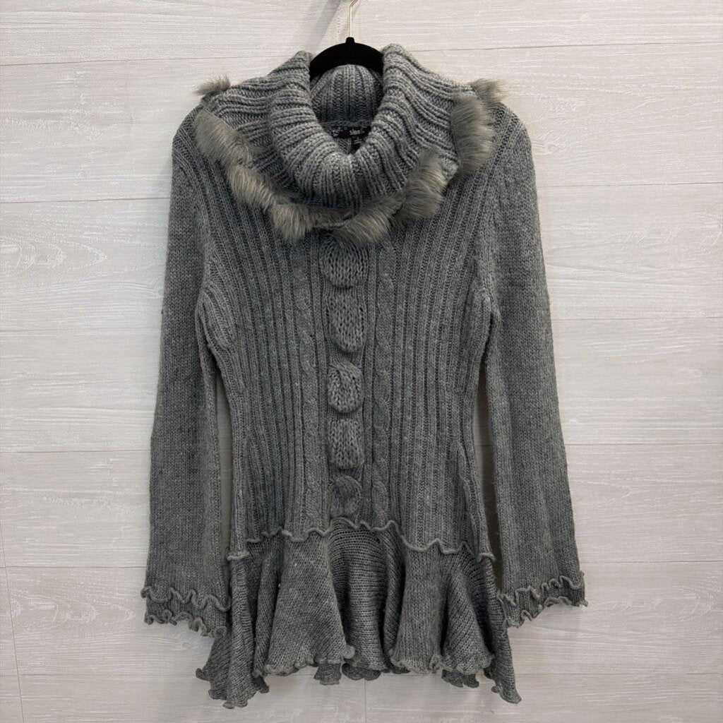 Sioni Grey Fur-Trim Cowl Neck Sweater Small