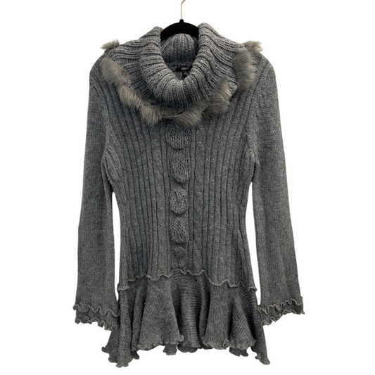Sioni Grey Fur-Trim Cowl Neck Sweater Small