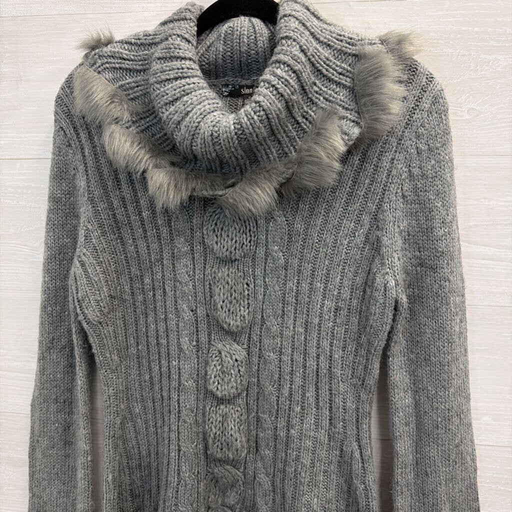 Sioni Grey Fur-Trim Cowl Neck Sweater Small