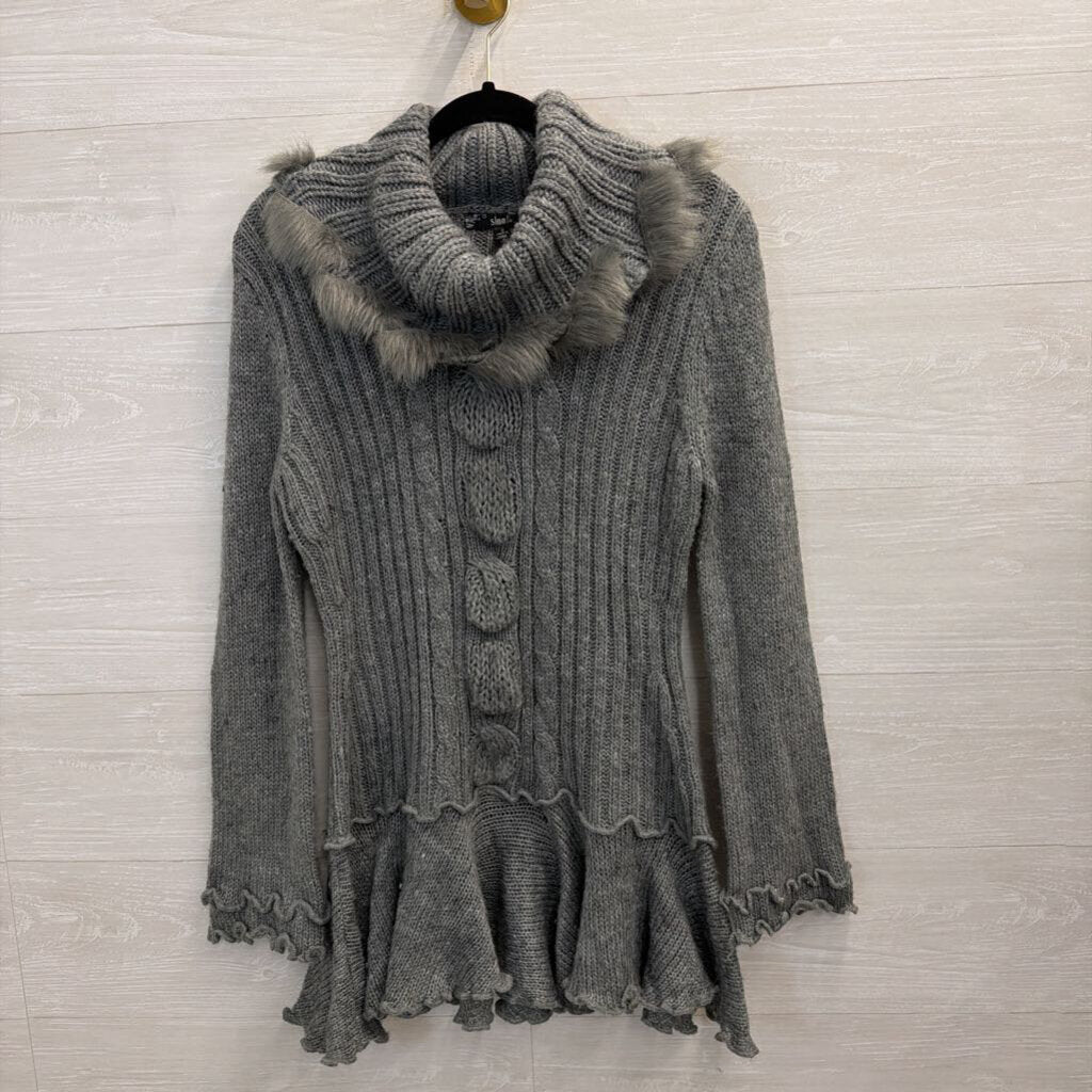 Sioni Grey Fur-Trim Cowl Neck Sweater Small