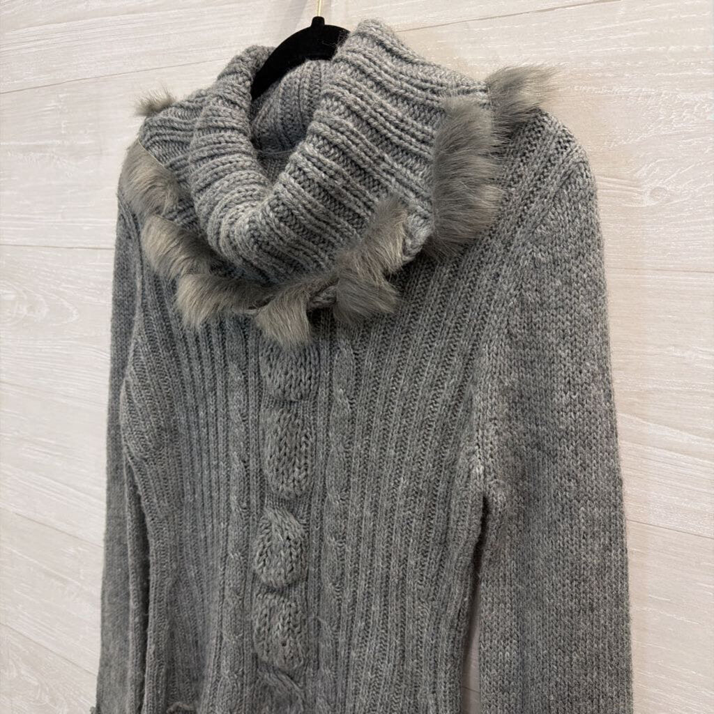 Sioni Grey Fur-Trim Cowl Neck Sweater Small