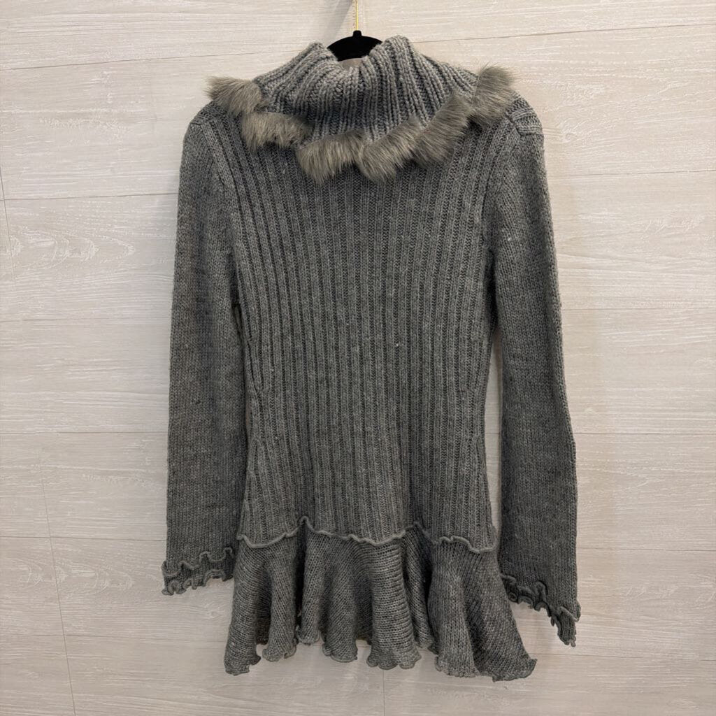 Sioni Grey Fur-Trim Cowl Neck Sweater Small