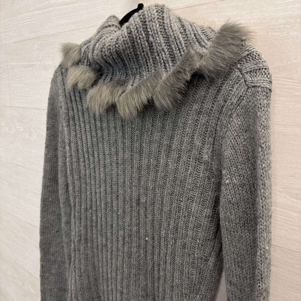 Sioni Grey Fur-Trim Cowl Neck Sweater Small