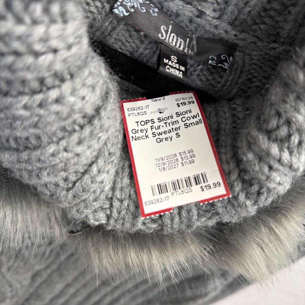 Sioni Grey Fur-Trim Cowl Neck Sweater Small