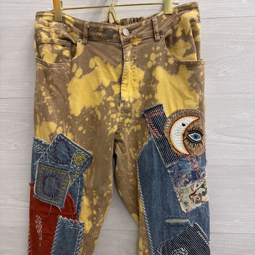 Jaded Gypsy Golden Wash Moon and Eye Patchwork Pants Medium