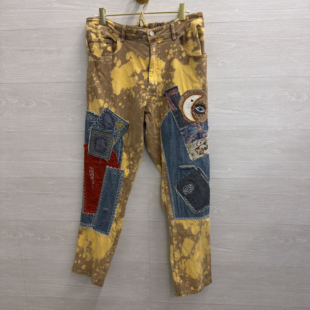 Jaded Gypsy Golden Wash Moon and Eye Patchwork Pants Medium