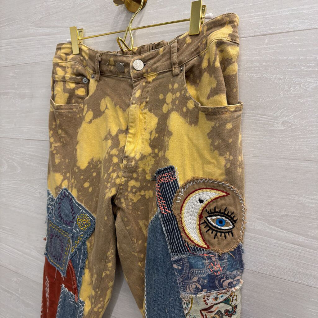 Jaded Gypsy Golden Wash Moon and Eye Patchwork Pants Medium