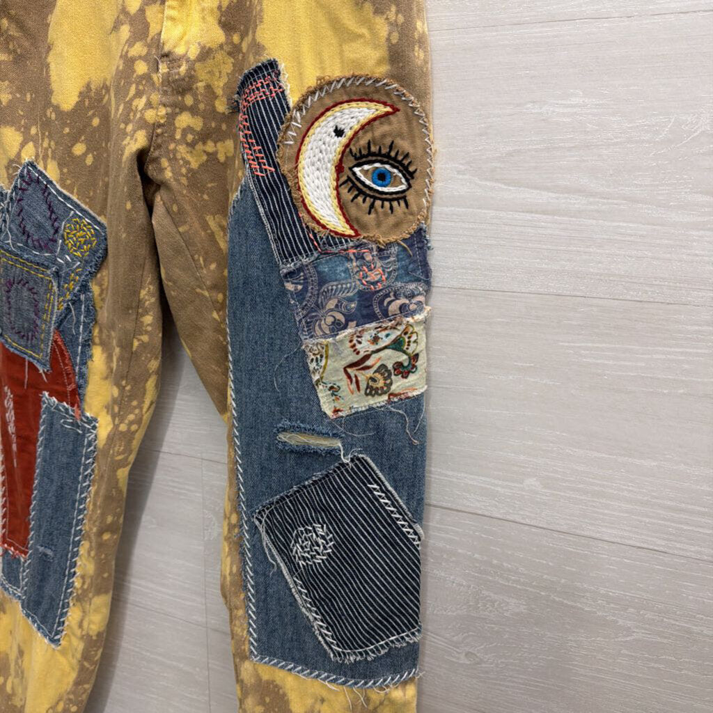 Jaded Gypsy Golden Wash Moon and Eye Patchwork Pants Medium